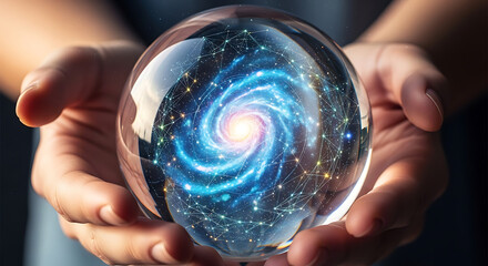 Explore the cosmos captured within a crystal ball held gently in two hands showcasing a vibrant swirling galaxy creating a mesmerizing and awe inspiring visual experience for your home decor