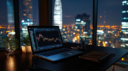 Modern laptop displaying stock market data sits on sleek desk with city skyline view at night, creating professional and luxurious atmosphere