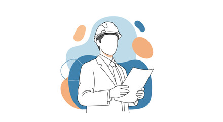 Construction worker reviewing blueprints, professional outline