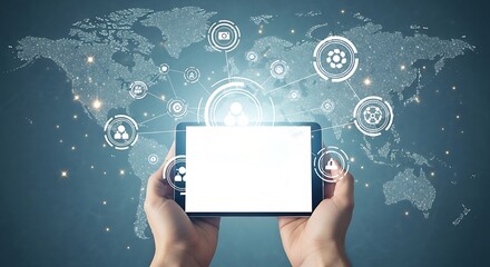 A tablet computer in a hand, displaying a blank screen, set against a backdrop of a global network graphic, highlighting digital connectivity and global communication.