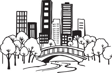 Naklejka premium City landscape. Line urban backdrop. Different buildings on street, doodle street draw, outline cityscape hand sketch, flat houses. Hand drawn vector illustration