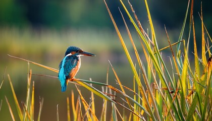 landscape photo of a common kingfisher alcedo atthis resting on reeds during summer