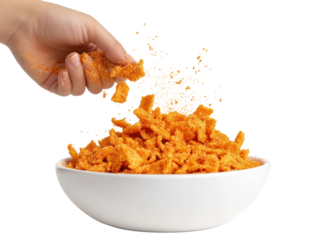 Hand reaching into a bowl of spicy Cheetos style snacks on white background