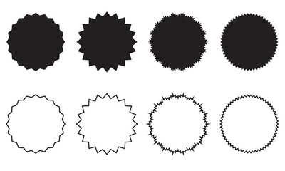 Black  circular badge shapes set. Collection of circular shapes with varied jagged, smooth, and starburst edges, ideal for labels, badges, or graphic design. Starburst shape tags for price tag
