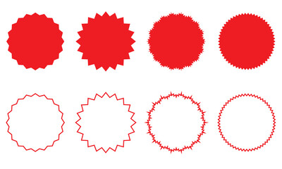 Red circular badge shapes set. Collection of circular shapes with varied jagged, smooth, and starburst edges, ideal for labels, badges, or graphic design. Starburst shape tags for price tag
