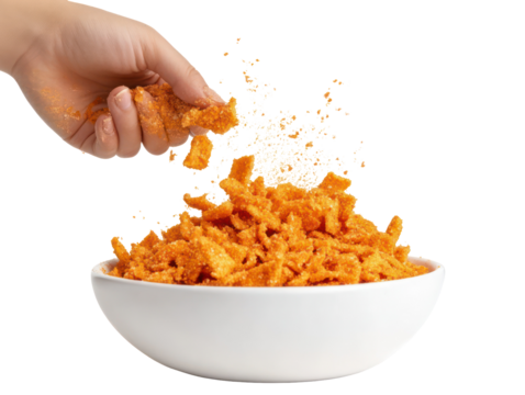 Hand reaching into a bowl of spicy Cheetos style snacks on white background