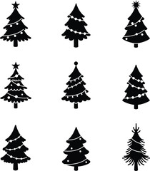 Obraz premium Black Christmas Tree Silhouettes Set, Nine Festive Icon Styles