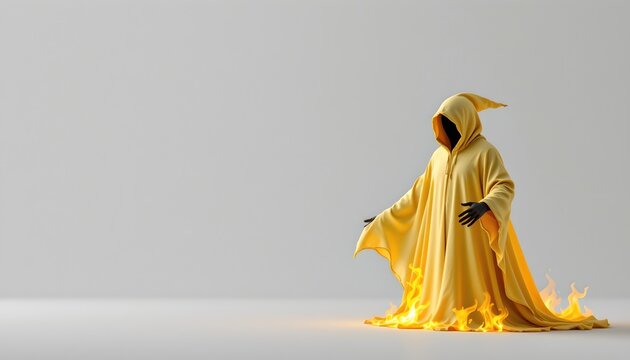 A humanoid figure with fiery effects around it, giving the impression of being engulfed in flames, standing next to a flame that is not burning