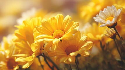 Fototapeta premium Vibrant yellow chrysanthemums bathed in soft sunlight with a single white bloom in the background