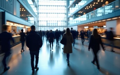 blurred business people walking at a trade fair, conference or walking in a modern hall, motion speed blur,  wide panoramic banner. High quality