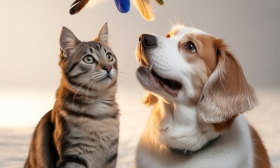 Fototapeta premium Playful pets, cat and dog, gaze upward at toy