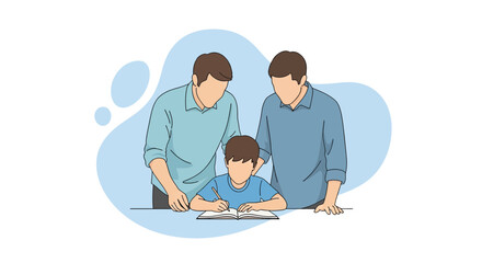 Father and son studying together at home learning concept