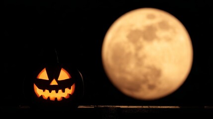 Naklejka premium Halloween jack o lantern glowing with carved scary face in front of big rising full moon against dark black night sky, spooky holiday decoration and autumn season atmosphere