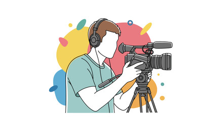 Filmmaker operating camera with headphones recording