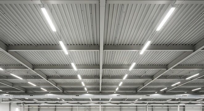 Industrial building interior showcasing a light gray corrugated metal ceiling with bright LED lights.
