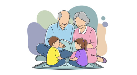 Grandparents Reading Storybook to Grandchildren Family Bonding