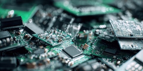 Obraz premium The Circuit Boards Pile Showing Closeup Electronic Components, Chips, Solder, and Texture