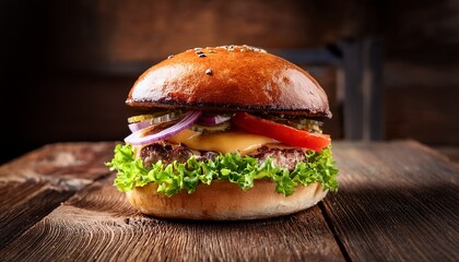 delicious gourmet burger with fresh vegetables served on a wooden table in a rustic setting