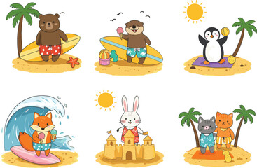 Cute cartoon animals enjoying summer beach, surfing, sandcastles, ice cream, tropical vacation, palm trees, summer fun, beach activities, sun, ocean waves, adorable holiday scenes