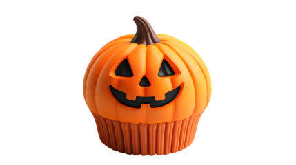 Cute 3D cupcake orange pumpkin Halloween isolated on a transparent background