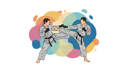 Karate fighters practicing martial arts kick technique