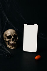 Halloween Smartphone Mockup with Skull and Spider on Dark Background