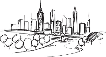 Obraz premium City landscape. Line urban backdrop. Different buildings on street, doodle street draw, outline cityscape hand sketch, flat houses. Hand drawn vector illustration