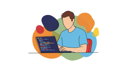 Man coding on laptop, modern workspace, software development