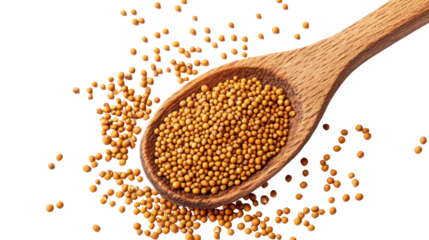 Mustard seeds poured from wooden spoon on clean white background