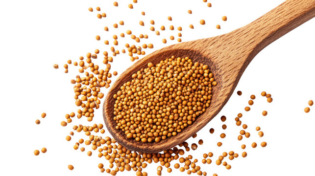 Mustard seeds poured from wooden spoon on clean white background