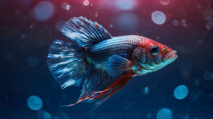 Fototapeta premium Fighting fish in red and blue light background, vibrant Siamese betta splendens, exotic aquarium pet, colorful aquatic fins, underwater elegance