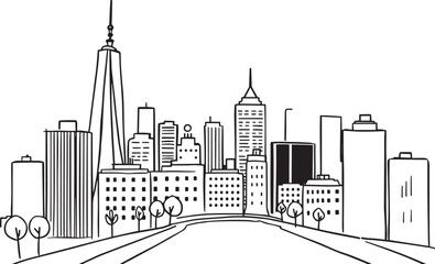 Obraz premium City landscape. Line urban backdrop. Different buildings on street, doodle street draw, outline cityscape hand sketch, flat houses. Hand drawn vector illustration