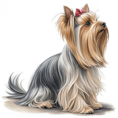 Naklejka premium Cute Yorkshire Terrier with Red Bow Illustration