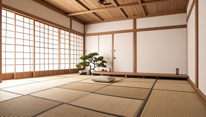 Serene Japanese Tatami Room with Natural Light and Bonsai Tree, Minimalist Interior Design Featuring Shoji Screens and Traditional Elements