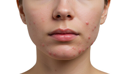 Skin positivity shines through in this close up of a woman's face showing natural acne and blemishes