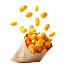 Open snack bag with cheese puffs spilling out dramatically on white background