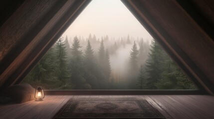 Cozy a-frame cabin overlooking serene misty pine forest through large window