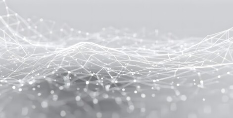 White mesh lines on a white background, a 3D rendering of a digital technology network with a polygonal grid and dots in a perspective view, 