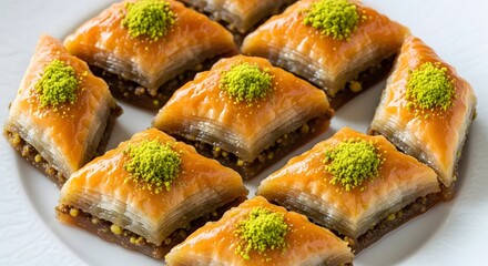 Delicious fresh baklava pastries with pistachios beckon, ready for indulgent enjoyment and dessert cravings