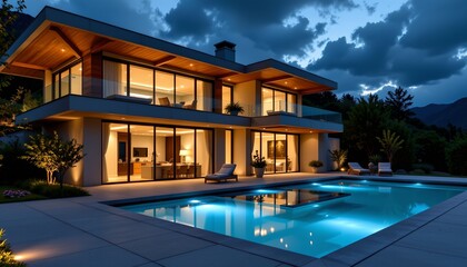 Fototapeta premium A modern two story residence at dusk. The house is well lit, with exterior lights illuminating its facade