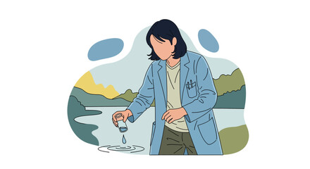 Scientist testing water quality near mountain landscape