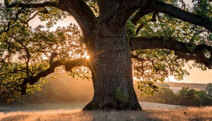 majestic oak tree bathed in golden sunlight detailed bark texture