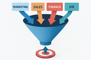 Business target alignment concept with marketing sales finance and human resource funnel directing to goal