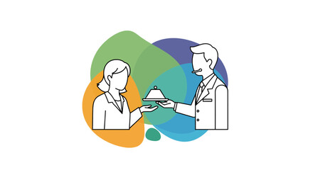 Waiter serving food to customer, outline style