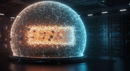 Advanced spherical energy shield providing robust cybersecurity and digital protection for a data core against virus and malware threats