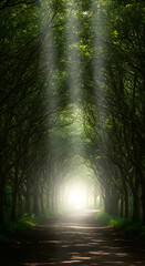 Obraz premium Sunbeams Illuminate Mystical Forest Path.
