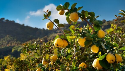 horticulture of gran canaria ripening quince fruit on branches background