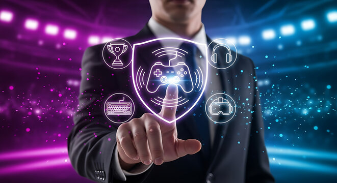 Business Professional Interacting with Digital Gaming Shield Featuring Game Controller and Icons in Futuristic Arena Environment - Powered by Adobe