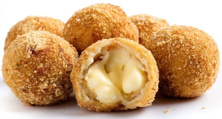 Fototapeta premium Crispy, golden-brown cheese balls, some sliced open to reveal melted cheese inside