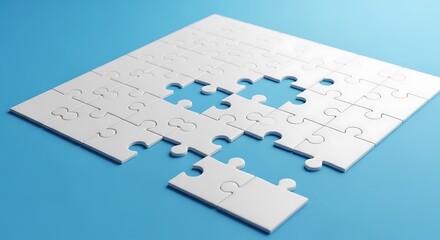 A white jigsaw puzzle with one piece missing against a bright blue background.